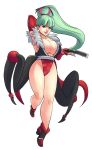  1girl ankle_boots bare_legs boots breasts cleavage crossover elbow_gloves fan fingerless_gloves folding_fan fusion g138 gloves green_eyes green_hair grin head_wings king_of_fighters large_breasts leotard lips morrigan_aensland ninja nose ponytail shiranui_mai smile solo vampire_(game) 