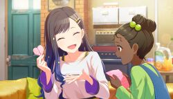  2girls :d ^_^ after_the_fire_(project_sekai) black_hair blue_hair brown_eyes closed_eyes colorful_palette cushion dark-skinned_female dark_skin game_asset gradient_hair hair_bobbles hair_ornament hairclip highres holding holding_paper juice multicolored_hair multiple_girls official_art orange_juice paper paper_heart profile project_sekai shiraishi_an shirt smile star_(symbol) star_hair_ornament table third-party_source tongue white_shirt 