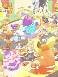  1boy 1girl acerola_(pokemon) alcremie alcremie_(other_cream) alcremie_(other_sweet) allister_(pokemon) alolan_raichu alternate_color apple_pie blueberry blush bread cake candy candy_wrapper chair closed_eyes closed_mouth commentary_request crescent cup drooling duraludon english_text floating floette floette_(blue_flower) flower food fruit galarian_ponyta giratina giratina_(altered) halloween hammock happy_halloween hat highres impidimp joltik juice kettle lycanroc lycanroc_(midday) manectric maractus milk mimikyu muffin on_hammock open_mouth orange_juice pie plate poffin poke_puff pokemon pokemon_(creature) pokemon_focus polteageist red_flower samsung_(yuzuikka) sandwich sentret shiny_pokemon sleeping smile spider_web_print star_(symbol) table vibrava window wrapped_candy 