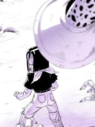  absurdres amayuki318 android android_17 bandana bandana_around_neck belt black_belt black_hair black_nails black_shirt blood blood_from_mouth clenched_hand clenched_hands clenched_teeth commentary_request denim dragon_ball dragon_ball_z from_above from_behind highres injury jeans layered_sleeves long_sleeves looking_to_the_side monster pants parted_hair partially_colored shirt short_over_long_sleeves short_sleeves sweatdrop t-shirt tail teeth torn_clothes torn_jeans torn_pants 