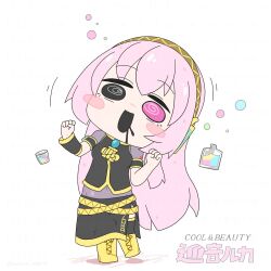  1girl :d @_@ absurdres black_eyes black_shirt black_thighhighs boots brown_hairband chibi chibi_only commentary_request cup drooling full_body hairband hatsune_negame heterochromia highres lace-up_boots long_hair looking_at_viewer megurine_luka mouth_drool open_mouth pink_eyes pink_hair pukey_goddess_shot_trick see-through_clothes see-through_shirt shirt short_sleeves simple_background smile solo standing thigh-highs vocaloid white_background yellow_boots 