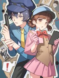 ! 2girls 3boys absurdres adachi_tohru androgynous baseball_cap black_necktie black_pants blazer blue_background blue_hair blue_hat blue_shirt blunt_bangs bow brown_eyes brown_hair brown_vest bulletin_board cameo capelet child cigarette clipboard collar collared_shirt commentary dotted_line double-parted_bangs doujima_nanako doujima_ryoutarou faceless from_behind from_below from_side furrowed_brow gloves grey_hair gun hair_between_eyes hand_on_own_wrist hand_up handgun hat highres holding holding_clipboard holding_gun holding_pencil holding_weapon jacket leaning_forward legs_apart light_blush looking_afar looking_at_viewer multicolored_hat multiple_boys multiple_girls multiple_views narukami_yu necktie newsboy_cap open_mouth outline pants paper parted_lips pencil persona persona_4 pink_capelet pink_gloves pleated_skirt poster_(object) red_bow shirogane_naoto shirt short_hair side-by-side sidelocks skirt smile smoking standing sunglasses twintails upper_body vest wanted_poster weapon white_collar white_outline white_shirt yellow_necktie yu_lan_zai_shuijiao 
