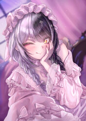  1girl :q ;q absurdres black_hair blurry blurry_background braid frilled_hat frills grey_hair hair_ornament hair_over_shoulder hand_on_own_cheek hand_on_own_face hand_up hat highres hololive hololive_english indoors lace_trim long_hair looking_at_viewer low_twin_braids mob_cap multicolored_hair nightgown official_alternate_costume official_alternate_hairstyle one_eye_closed outstretched_arm pink_hat pink_nightgown reaching reaching_towards_viewer shiori_novella shiori_novella_(pajamas) single_off_shoulder solo split-color_hair star_(symbol) star_hair_ornament tongue tongue_out twin_braids upper_body virtual_youtuber yellow_eyes zolomon_(jarvis_lin) 