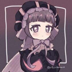  1girl black_hair blush closed_mouth commentary_request dress frilled_dress frilled_hat frills hat highres hime_cut looking_at_viewer magical_girl mahou_shoujo_ikusei_keikaku mahou_shoujo_ikusei_keikaku_double_shadow short_hair v8y_vkaname violet_eyes zipstep 
