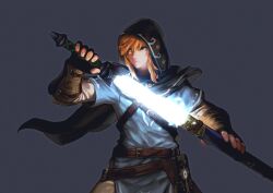  1boy belt belt_buckle black_cape black_gloves blonde_hair blue_eyes blue_tunic brown_belt buckle cape champion's_tunic_(zelda) closed_mouth commentary_request cowboy_shot fingerless_gloves gloves glowing glowing_sword glowing_weapon grey_background hair_between_eyes highres holding holding_sword holding_weapon hood hood_up hooded_cape jun_(navigavi) link lips long_hair looking_to_the_side making-of_available male_focus master_sword nose partial_commentary revision scabbard sheath sidelocks simple_background solo standing sword the_legend_of_zelda the_legend_of_zelda:_breath_of_the_wild tunic unsheathing vambraces weapon 