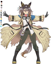  1girl animal_ears belt black_belt black_boots black_gloves black_pants boots brown_eyes brown_hair coat collared_shirt color_guide ear_covers full_body gloves goggles goggles_around_neck hair_between_eyes horse_ears horse_girl horse_tail knife lace-up_boots long_hair long_sleeves looking_at_viewer multicolored_hair outstretched_arms pants pocket_watch sheath sheathed shirt simple_background solo spread_arms standing stay_gold_(sunlit_outsider)_(umamusume) stay_gold_(umamusume) streaked_hair tail toriga_naku umamusume watch white_background white_shirt white_streaks yellow_coat 