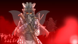  1girl absurdres alternate_costume apron bulletproof_vest chinese_commentary combat_helmet commentary_request dated fairy fairy_maid_(touhou) fairy_wings fingerless_gloves gloves grey_gloves gun headset helmet highres holding holding_gun holding_weapon long_sleeves looking_at_viewer maid mask military military_combat_uniform military_uniform mouth_mask night_vision_device pzgr.40 red_background red_eyes rifle signature soldier solo tactical_clothes tactical_maid touhou unconventional_maid waist_apron weapon weapon_request white_apron wings 
