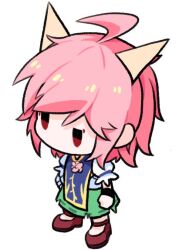  1girl ahoge bandaged_arm bandages commentary_request full_body green_skirt horns ibaraki_douji's_arm li_yaohan pink_hair red_eyes red_shoes ribbon-trimmed_skirt ribbon_trim shoes short_hair short_sleeves simple_background skirt solo standing tabard touhou variant_set white_background 