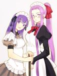 2girls alternate_costume alternate_hairstyle apron bow enmaided fate/stay_night fate_(series) glasses hair_bow juliet_sleeves long_sleeves maid maid_headdress matou_sakura multiple_girls open_mouth ponytail puffy_sleeves purple_hair rider smile tam_(cuq) violet_eyes 