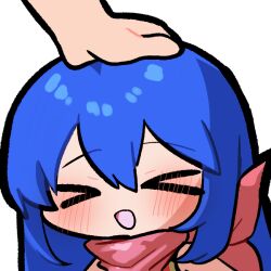  >_< 1girl aged_down blue_hair blush caeda_(fire_emblem) caeda_(princess_of_talys)_(fire_emblem) commission commissioner_upload emoticon fire_emblem fire_emblem:_mystery_of_the_emblem fire_emblem:_shadow_dragon fire_emblem_heroes gliesse82_5 hair_between_eyes hand_on_another's_head headpat open_mouth pink_scarf scarf solo_focus 
