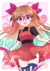  1girl aqua_hair black_shirt blue_gloves blue_thighhighs blush bow brown_hair commentary_request cropped_shirt fingerless_gloves glasses gloves hair_bow highres long_hair looking_at_viewer multicolored_hair ohdo_yuamu open_mouth red-framed_eyewear red_bow red_shirt red_streaks s_ebi shirt single_glove smile solo streaked_hair thigh-highs very_long_hair yu-gi-oh! yu-gi-oh!_go_rush!! zettai_ryouiki 