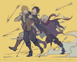  3boys @_@ alfyn_greengrass arm_around_neck arrow_(projectile) ascot bandaged_arm bandages black_boots black_hair black_pants black_shoes blonde_hair boots cloak commentary_request cyrus_albright dagger dark-skinned_male dark_skin floating_neckwear frilled_sleeves frills green_shirt grey_pants hair_over_one_eye hand_on_another's_hand highres holding holding_dagger holding_knife holding_weapon knife long_hair long_sleeves looking_back male_focus multiple_boys octopath_traveler octopath_traveler_i one_eye_covered onesan_7 open_clothes open_mouth open_shirt pants parted_bangs parted_hair purple_cloak red_scarf round_teeth running scarf shirt shoes short_hair teeth therion_(octopath_traveler) torn_clothes twitter_username upper_teeth_only very_short_hair vest weapon white_ascot white_hair 
