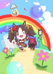  3girls :d ;d absurdres ahoge animal_ears balloon black_hair blonde_hair blue_sky bow bowtie building chibi chibi_only chokueji clouds commentary creature_and_personification cross-shaped_pupils day dinosaur english_commentary fang flower hair_flower hair_ornament highres horse horse_ears horse_girl horse_tail long_hair looking_at_viewer marvelous_sunday_(kira_doki_waku_mabe)_(umamusume) marvelous_sunday_(racehorse) marvelous_sunday_(umamusume) mejiro_ramonu_(umamusume) mixed-language_commentary multicolored_hair multiple_girls neo_universe_(umamusume) neo_universe_(universe-naut)_(umamusume) one_eye_closed open_mouth outdoors parted_bangs personification purple_bow purple_bowtie rainbow red_flower road school_uniform skirt sky smile symbol-shaped_pupils tail tracen_school_uniform tractor_beam twintails two-tone_hair ufo umamusume walking white_hair white_skirt 