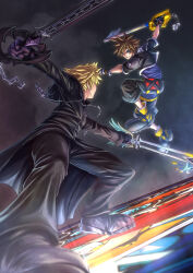  2boys absurdres black_coat black_coat_(kingdom_hearts) black_gloves black_pants blonde_hair blue_eyes brown_hair canon_event coat commentary_request dive_to_the_heart duel f-o-x-hound gloves highres holding holding_weapon hood hood_down hooded_coat keyblade kingdom_hearts kingdom_hearts_ii kingdom_key long_sleeves looking_at_another male_focus multiple_boys oathkeeper oblivion_(keyblade) pants roxas short_sleeves sora_(kingdom_hearts) stained_glass weapon 