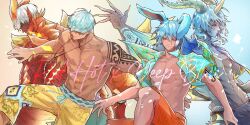  2boys animal_ears arm_fins blue_hair blue_horns closed_mouth colored_skin deep_blue_(ff14) dual_persona final_fantasy final_fantasy_xiv fingernails fish_boy gradient_background hair_ornament hair_over_eyes hawaiian_shirt horns hyur jewelry looking_at_viewer male_focus monster_boy multiple_boys muscular muscular_male open_clothes open_shirt rabbit_boy rabbit_ears red_hot_(ff14) regulator_(ff14) sharp_fingernails shirt short_hair shorts simple_background smile tattoo viera yellow_eyes zearyu 