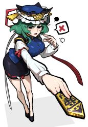  1girl black_eyes black_shoes black_skirt blue_hat blue_vest commentary_request epaulettes frilled_hat frills full_body green_hair hat highres iganashi1 long_sleeves looking_at_viewer open_mouth ribbon-trimmed_skirt ribbon_trim rod_of_remorse shiki_eiki shirt shoes skirt sleeve_bow smile solo spoken_x touhou vest white_shirt 
