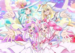  4girls absurdres ahoge akechi_anna antenna_hair blonde_hair blue_hair blush bow brooch capelet closed_mouth commentary_request cure_answer_(future_form) cure_arcana_(future_form) cure_eclair_(future_form) cure_mystique_(future_form) double_bun dress frilled_capelet frilled_cuffs frills gloves gradient_hair green_eyes hair_bow hair_bun hair_intakes hair_ornament hat hat_ornament heart heart_brooch highres howa_kurea jewelry kobayashi_mikuru large_bow long_hair looking_at_viewer magical_girl meitantei_precure! moria_luluka multicolored_hair multiple_girls official_art open_mouth parted_bangs pink_hair precure purple_hair ribbon ring smile sun_hat upper_body veil very_long_hair violet_eyes white_hat white_veil wings wrist_cuffs yellow_eyes 