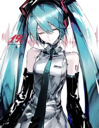  1girl absurdres anniversary aqua_hair aqua_necktie arm_tattoo bare_shoulders black_sleeves breasts closed_mouth collared_shirt commentary detached_sleeves facing_viewer grey_shirt hanaseto hatsune_miku headset highres long_hair long_necktie necktie pale_skin shirt shoulder_tattoo sleeveless sleeveless_shirt small_breasts smile solo sound_wave tattoo tie_clip twintails upper_body vocaloid white_background wing_collar 