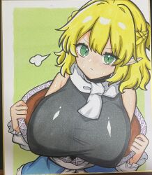  1girl absurdres bare_shoulders blonde_hair blush border breasts closed_mouth commentary_request green_background green_eyes highres huge_breasts kukurukurukuru looking_at_viewer mizuhashi_parsee pointy_ears scarf shikishi short_hair simple_background solo sweat touhou traditional_media upper_body white_border white_scarf 