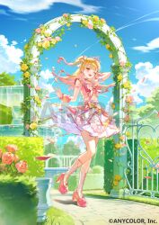  1girl :d ;d album_cover arm_behind_head blonde_hair blue_sky boots clouds commentary_request company_name contrail copyright_notice cover cropped_shirt day falling_petals floating_hair flower fountain full_body high_heel_boots high_heels hoshikawa_sara idol_clothes knee_boots lace-up_boots layered_skirt long_hair looking_at_viewer midriff multicolored_hair myao_(myaodayone) nijisanji official_alternate_costume official_art one_eye_closed one_side_up open_hand open_mouth outdoors petals pink_flower pink_hair pink_rose pink_shirt pom_pom_(clothes) rose sample_watermark shirt skirt sky sleeveless sleeveless_shirt smile solo standing standing_on_one_leg tiara tree virtual_youtuber watermark white_skirt yellow_eyes yellow_flower yellow_rose 