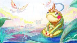  barboach bug colored_skin euphythefox flying frog gloves green_skin highres insect_wings king's_rock lily_pad masquerain no_humans pokemon pokemon_(creature) pokemon_focus politoed poliwag poliwhirl rain sitting white_gloves wings 