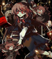  1girl :o @_@ arms_up balancing bat_wings black_skirt black_vest blush_stickers book book_on_head bow bowtie chibi clumsy collared_shirt commentary_request crying hair_between_eyes head_wings highres hm4307 holding holding_book koakuma long_sleeves medium_hair o_o object_on_head one_eye_closed open_mouth red_bow red_bowtie red_eyes red_hair shirt skirt solo star_(symbol) surprised touhou tripping vest white_shirt wings 