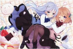  1other 2girls :d ;d absurdres angora_rabbit artist_request black_boots black_pantyhose black_skirt blue_bow blue_eyes blue_hair blue_shoes blue_vest blush boots bow bowtie cake coffee collared_shirt cup floating floating_hair flower flower_pin food gochuumon_wa_usagi_desu_ka? hair_flower hair_ornament hairclip heads_together highres hoto_cocoa interlocked_fingers kafuu_chino kneehighs long_hair long_skirt long_sleeves looking_at_viewer mary_janes medium_hair multiple_girls non-web_source one_eye_closed orange_hair pantyhose parallel_hairclips petals pink_flower pink_petals pink_vest rabbit rabbit_house_uniform red_bow red_bowtie scan shirt shoes skirt smile socks spoon strawberry_shortcake tareme teacup tippy_(gochiusa) tray vest violet_eyes white_shirt white_socks winter_uniform x_hair_ornament 