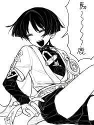  1boy absurdres belt blunt_ends bow bridal_gauntlets cape closed_eyes commentary_request covered_collarbone feet_out_of_frame fingernails gem genshin_impact highres jewelry leg_warmers maharajakari male_focus mandarin_collar missing_headwear monochrome necklace open_clothes open_mouth open_shirt parted_bangs pom_pom_(clothes) ring rope scaramouche_(genshin_impact) short_hair short_sleeves simple_background sitting smile socks solo speech_bubble tank_top teeth vision_(genshin_impact) wanderer_(genshin_impact) 
