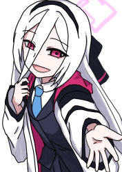  1girl absurdres blue_archive commentary_request hatuka_jp highres kei_(blue_archive) kei_(student)_(blue_archive) long_hair long_sleeves looking_at_viewer open_mouth simple_background smile solo white_background 
