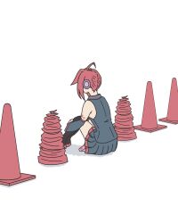  1girl commentary cone_hair_bun crysepia detached_sleeves drill full_body hair_bun headphones highres kasane_teto red_hair simple_background traffic_cone untranslatable_commentary utau white_background zettai_ryouiki 