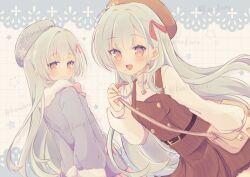  2girls :d arms_behind_back bag belt beret black_belt blue_coat blue_hair blue_hat blunt_bangs blush bow bowtie brown_dress brown_hat buttons closed_mouth coat commentary_request commission double-breasted dress drop_shadow dutch_angle floating_hair frilled_dress frills fur-trimmed_coat fur-trimmed_sleeves fur_trim hair_behind_ear hair_over_shoulder hair_ribbon hand_up handbag hat heart heart_necklace highres jewelry konoquro long_hair long_sleeves look-alike looking_at_viewer looking_back multiple_girls necklace open_mouth orange_eyes original pink_bow pink_bowtie pink_ribbon puffy_long_sleeves puffy_sleeves red_ribbon ribbon shirt short_dress sidelocks simple_background skeb_commission smile split_mouth star_(symbol) straight_hair striped_clothes striped_dress turtleneck turtleneck_shirt twitter_username vertical-striped_clothes vertical-striped_dress very_long_hair white_background white_shirt 