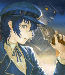  1girl absurdres androgynous arm_up blazer blue_eyes blue_hair blue_hat blue_ribbon blue_suit buttons collared_shirt commentary double-breasted evil_grin evil_smile from_side gradient_background grin gun gun_to_own_head hair_between_eyes hat highres holding holding_gun holding_weapon jacket long_sleeves looking_at_viewer looking_to_the_side open_mouth parted_lips persona persona_4 profile ribbon shadow_(persona) shijie_de_zaie_-_zhaoze shirogane_naoto shirt sidelocks silhouette simple_background smile suit upper_body weapon white_shirt yellow_eyes 