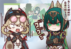  2girls animal_ear_headwear bandana bandana_around_arm bandana_around_neck beanie black_bandana black_cape black_gloves black_hat black_sleeves blonde_hair bracelet braid braided_hair_rings bright_pupils cape chibi chibi_only cleavage_cutout closed_mouth clothing_cutout commentary_request cross-laced_clothes cross-laced_leotard crossed_arms crossed_bangs detached_sleeves double-parted_bangs dress elbow_gloves eyelashes eyewear_on_head facial_mark genshin_impact gloves gold_bracelet gold_hairband green_cape green_dress green_eyes green_gloves green_hair hair_between_eyes hair_over_one_eye hair_rings hairband hand_up haruneharu hat headpiece holding holding_sack jahoda_(genshin_impact) jewelry leotard long_sleeves mechanical_arms mole mole_under_eye money_bag mora_(genshin_impact) multiple_girls nefer_(genshin_impact) open_mouth pink-tinted_eyewear pink_cape red_bandana round_eyewear sack short_hair sidelocks single_detached_sleeve single_mechanical_arm sleeveless sleeveless_dress smile speech_bubble split_mouth sunglasses symbol-shaped_pupils tattoo teeth tinted_eyewear translation_request triangle-shaped_pupils turn_pale two-sided_cape two-sided_fabric upper_body upper_teeth_only usekh_collar white_leotard white_pupils wide-eyed 