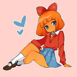  1girl blue_eyes bow colored_skin freckles hair_bow heart highres mymy_schoppenboer necktie non-web_source ongezellig orange_hair orange_skin pink_background sitting skirt socks white_socks 