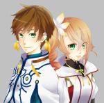  1boy 1girl alicia_(tales) asazuke25 brown_hair capelet earrings feathers green_eyes grey_background jewelry short_hair side_ponytail slay_(tales) smile tales_of_(series) tales_of_zestiria 