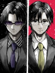  2boys aged_down anjerain black_background black_hair black_shirt black_suit closed_mouth collared_shirt column_lineup commentary_request formal_clothes glasses highres idolmaster idolmaster_(classic) jacket kuroi_takao lapels light_frown looking_at_viewer male_focus multiple_boys necktie red_background serious shirt short_hair split_screen striped_clothes striped_shirt suit suit_jacket sunglasses takagi_junjirou upper_body vertical-striped_clothes vertical-striped_shirt white_shirt yellow_necktie 