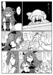  /\/\/\ 2girls angry bow breasts closed_eyes comic crescent flat_gaze futa4192 hair_bow hat head_wings highres koakuma long_hair monochrome multiple_girls necktie patchouli_knowledge sitting smile touhou translation_request wings 