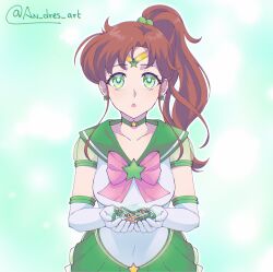  1girl an_dres_art bishoujo_senshi_sailor_moon blush bow breasts brown_hair chest_bow choker christianity collar collarbone elbow_gloves gloves green_choker green_collar green_sailor_collar green_skirt high_ponytail highres holding_rosary kino_makoto long_hair magical_girl medium_breasts miniskirt open_mouth petticoat pink_bow pleated_skirt ponytail rosary sailor_collar sailor_jupiter sailor_senshi_uniform skirt star_(symbol) star_choker surprised white_gloves 