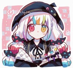  1girl artist_name beret black_hat black_jacket border bow closed_mouth collared_shirt colored_tips commentary_request contrast_collar dot_nose hair_bow hat heterochromia highres jacket jacket_partially_removed jogasaki_noah long_hair looking_at_viewer mahou_shoujo_no_majo_saiban multi-tied_hair multicolored_eyes multicolored_hair neck_ribbon o0v0opotet off_shoulder outline paintbrush pink_background polka_dot polka_dot_bow red_eyes ribbon shirt signature solo straight-on streaked_hair twitter_username upper_body white_border white_hair white_outline white_shirt yellow_eyes 