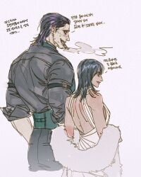  1boy 1girl armlet back black_hair cigar commentary_request crocodile_(one_piece) feather_boa hair_slicked_back jewelry korean_commentary korean_text looking_ahead medium_hair nico_robin one_piece short_hair simple_background smoke springirls_xx stitched_face stitches 