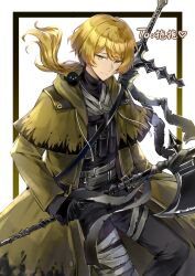  1boy a_certain_sinclair_(project_moon) acharlotte_0214 animal_on_shoulder bandaged_leg bandaged_weapon bandages belt bird bird_on_shoulder black_bird black_gloves black_pants blonde_hair closed_mouth coat commentary_request cowboy_shot gloves green_coat halberd highres holding holding_polearm holding_weapon limbus_company load-bearing_vest long_hair long_sleeves looking_at_viewer low_ponytail male_focus pants polearm ponytail project_moon shirt sinclair_(project_moon) smile solo sword sword_on_back trench_coat turtleneck turtleneck_shirt weapon weapon_on_back white_background yellow_eyes 