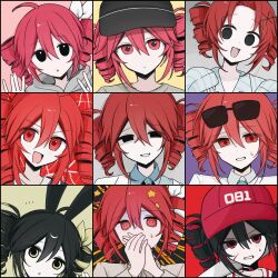  6+girls :d @_@ ahoge animal_ears ataman_ita_(synthesizer_v) au00662 baseball_bat baseball_cap black_choker black_eyes blue_pajamas blue_shirt bow chart choker collared_shirt commentary_request covering_own_mouth crescent_in_eye cross-shaped_pupils double-parted_bangs drill_hair empty_eyes eyewear_on_head forehead grey_hoodie grey_shirt hair_between_eyes hair_bow hat highres hito_mania_(utau) holding holding_baseball_bat hood hoodie igaku_(utau) kasane_teto liar_dancer_(synthesizer_v) multiple_girls multiple_persona musekinin_shuugoutai_(synthesizer_v) override_(synthesizer_v) pajamas parted_bangs portrait rabbit_ears red_eyes red_hair scar scar_on_face science_(synthesizer_v) shirt small_sweatdrop smile songover striped_clothes striped_pajamas sunglasses symbol-shaped_pupils synthesizer_v twin_drills ultra_trailer_(synthesizer_v) utau white_bow white_shirt yararara_(synthesizer_v) yellow_bow 
