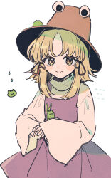  1girl animal_on_head animal_print blonde_hair brown_hat closed_mouth commentary_request frog frog_print hair_ribbon hat highres long_sleeves looking_at_viewer moriya_suwako mozukuzu_(manukedori) on_head purple_skirt purple_vest red_ribbon ribbon simple_background skirt smile solo touhou tress_ribbon vest white_background wide_sleeves yellow_eyes 