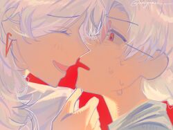  2girls close-up commentary cupid ena_(love-bullet) english_commentary from_side gnozz hand_on_another's_chin heart heart-shaped_eyewear highres long_hair looking_at_another love-bullet multiple_girls portrait red_background red_eyes sae_(love-bullet) sweat white_hair yuri 
