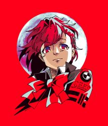  1girl absurdres black_jacket bow bowtie collared_shirt commission duckpasta_flo full_moon gekkoukan_high_school_uniform hair_ornament highres jacket megami_tensei moon persona persona_3 persona_3_portable portrait red_background red_bow red_bowtie red_eyes red_hair s.e.e.s school_uniform shiomi_kotone shirt solo white_shirt 