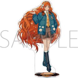  1girl acrylic_stand_(medium) belt black_belt black_boots blue_jacket boots bow brown_hairband brown_shorts green_eyes hair_bow hairband ishmael_(project_moon) jacket limbus_company long_hair looking_at_viewer necktie official_art orange_hair orange_necktie parted_lips project_moon rope sample_watermark shorts simple_background solo very_long_hair watermark wavy_hair white_background white_bow 