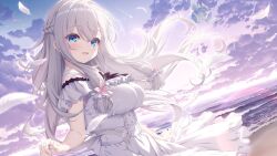 1girl arms_at_sides artist_request beach bird blue_eyes blush braid breasts clouds commentary_request crescent_moon crossed_bangs dress dutch_angle feathers flower frilled_dress frills hair_flower hair_ornament half_up_braid highres horizon kimihara_yua large_breasts long_hair looking_at_viewer low-tied_long_hair moon ocean off-shoulder_dress off_shoulder official_art open_mouth outdoors pieces_(series) pieces_/_yurikago_no_canaria sand shooting_star shore sky smile solo star_(sky) starry_sky upper_body water waves white_dress white_hair 