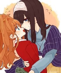  29_zyu 2girls arms_around_another's_waist black_hair blue_eyes blush brown_hair collared_shirt commentary_request green_eyes hair_between_eyes headband highres hino_akane_(idolmaster) idolmaster idolmaster_cinderella_girls jewelry long_hair multiple_girls necklace open_mouth ponytail red_shirt sagisawa_fumika shawl shirt surprised sweatdrop turtleneck yuri 