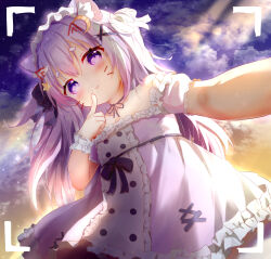  1girl absurdres animal_ear_fluff animal_ears blush bow cat_ears clouds commentary crescent crescent_hair_ornament dress finger_to_mouth freebird_(pixiv_110005620) frills hair_ornament hairclip hand_to_own_mouth highres long_hair looking_at_viewer maid maid_headdress night original outdoors outstretched_arm purple_hair ribbon selfie short_sleeves sky solo star_(symbol) star_hair_ornament untranslatable_commentary very_long_hair viewfinder violet_eyes white_hair 