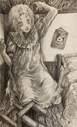  1girl absurdres alice's_adventures_in_wonderland alice_(alice_in_wonderland) arm_up bags_under_eyes barefoot bed bedroom chair child commentary dress full_body giant giantess gown greyscale hand_on_ceiling hand_up highres hise_(fox_f13) indoors long_hair long_sidelocks looking_at_viewer monochrome parted_bangs pillow portrait_(object) puffy_short_sleeves puffy_sleeves rabbit sanpaku seiza short_sleeves sidelocks sitting solo traditional_media upturned_eyes white_rabbit_(alice_in_wonderland) wooden_ceiling wooden_chair wooden_floor 